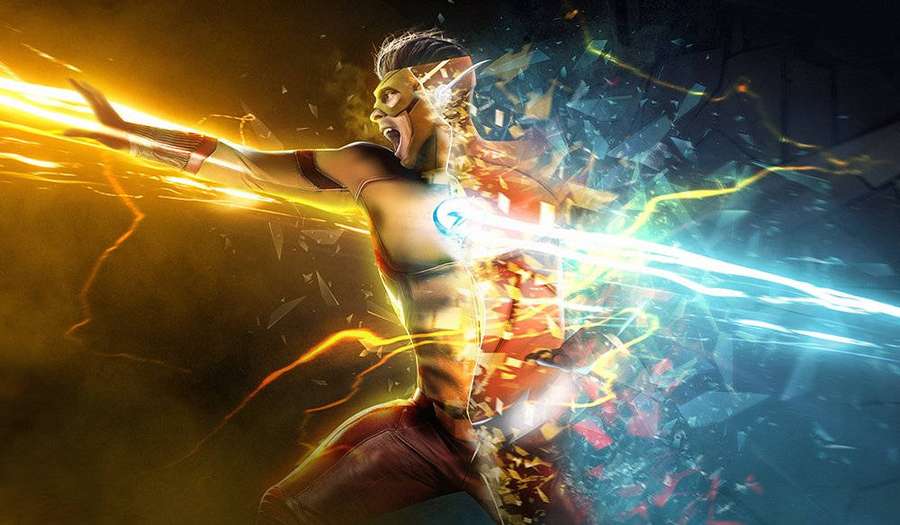 Superhero unleashing lightning energy with shattered glass flying around him. — Kid flash Wallpaper