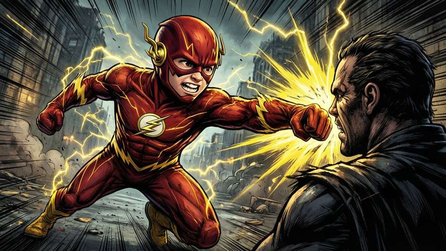 Kid Flash delivers a powerful punch with lightning effects in this dramatic action wallpaper. — Kid flash Background