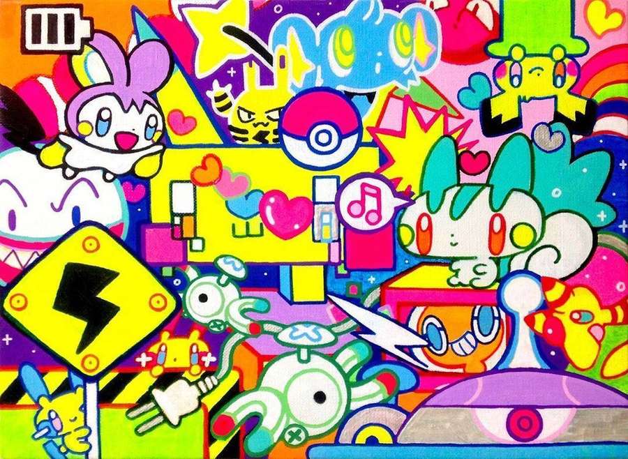 A chaotic colorful cartoon collage featuring Pokémon characters and symbols. — Kidcore Background