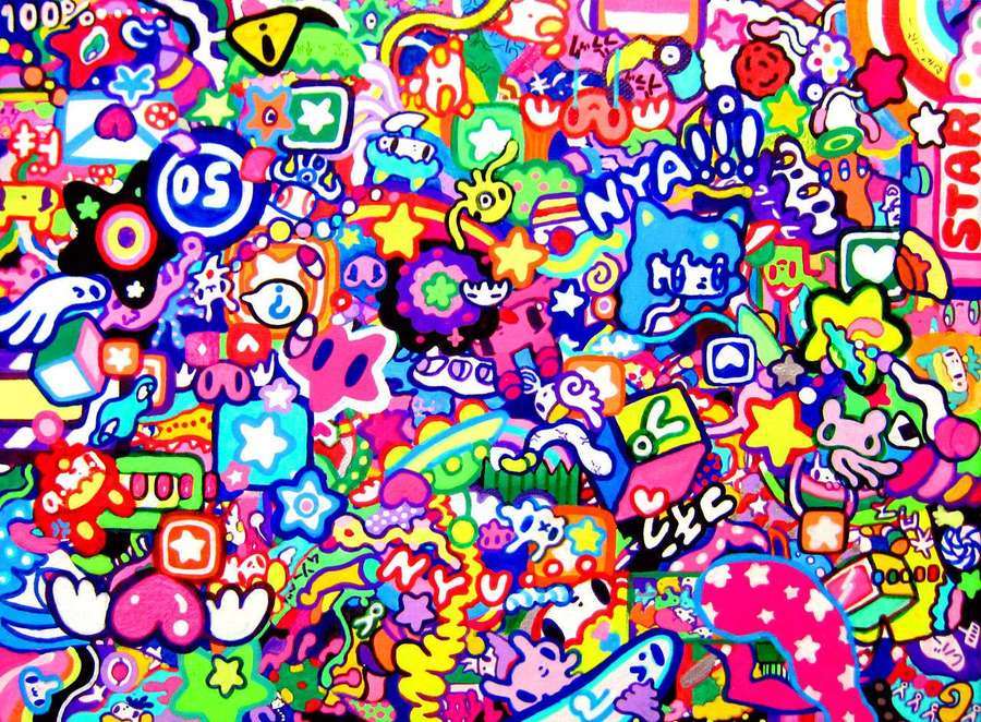 Eine dichte Collage aus bunten Cartoon-Aufklebern und Symbolen in einem chaotischen, lebendigen Muster. — Kidcore Bilder