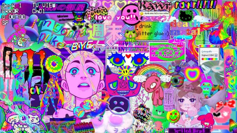 Vibrant digital collage with anime characters and neon text overlays. — Kidcore Pc Wallpaper
