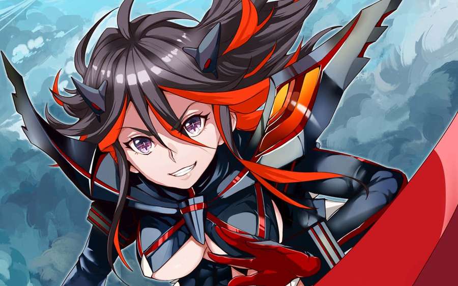 Anime warrior girl with dark hair and red accents wielding a sword in a stormy sky. — Kill La Kill Senketsu Wallpaper