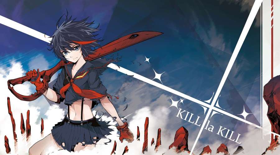 Anime-Mädchen in Schuluniform hält ein riesiges Schwert zwischen zerbrochenen roten Säulen und stürmischem Himmel. — Kill Yourself Bilder