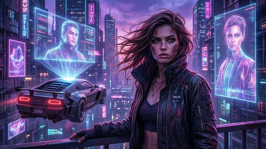 Killjoy on a balcony overlooking a neon cyberpunk city, synthwave style. — Killjoy Wallpaper
