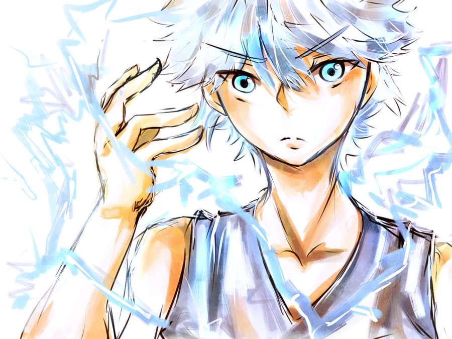 Anime character with silver hair and blue eyes generating electric energy. — Killua Background