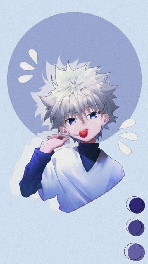 Anime boy with white hair licking a red lollipop against a lavender circle. — Killua Cute Wallpaper