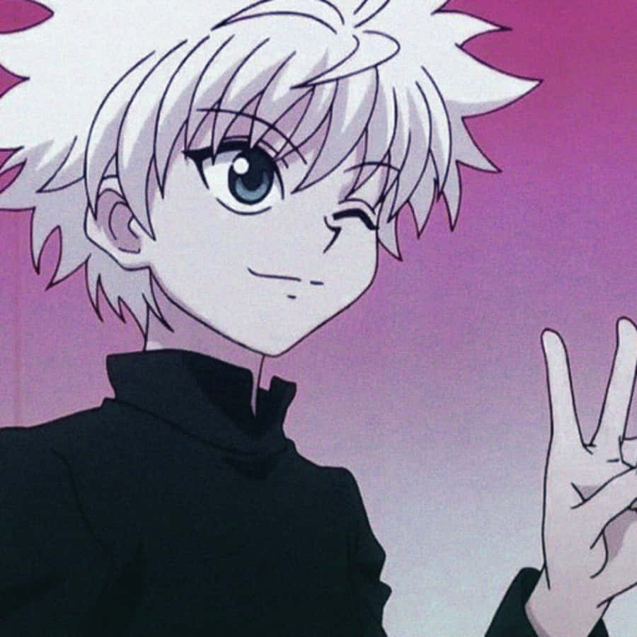 Anime character with white hair winking and holding up peace sign. — Killua Cute Background