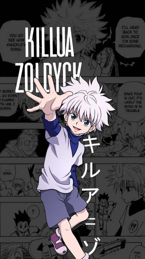 Personaje de anime Killua Zoldyck en pose colorida sobre paneles de manga en blanco y negro. — Killua Estético Fondos de pantalla