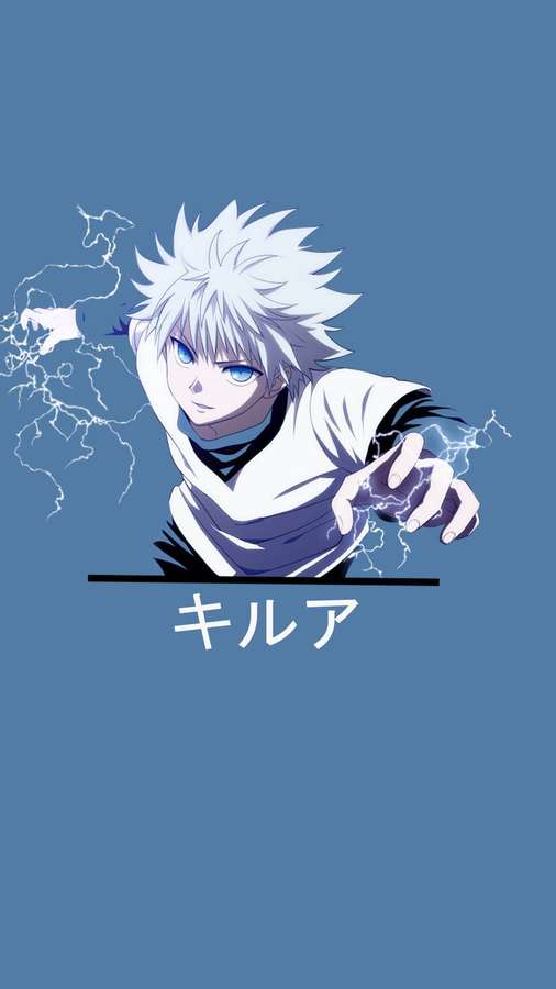 Anime character Kirua with white hair and blue eyes generating lightning from his hands. — Killua iPhone Background