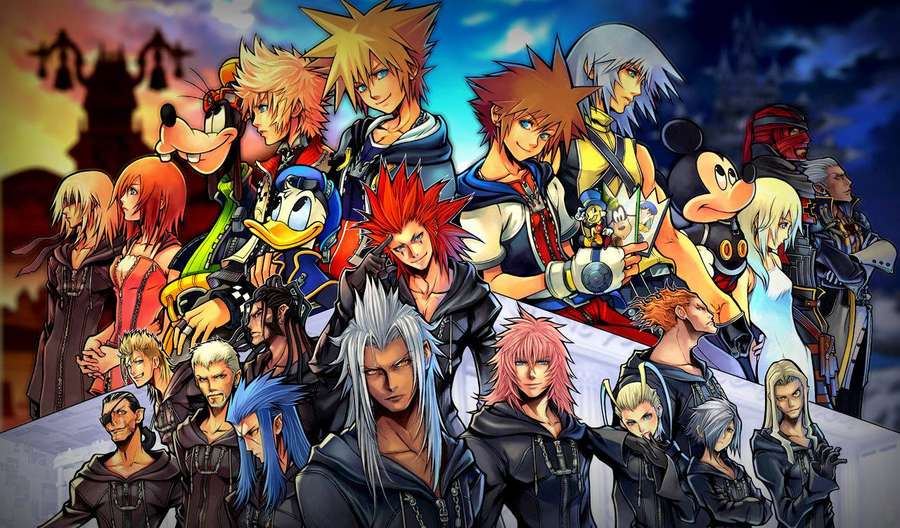 Group of Kingdom Hearts anime characters in dynamic poses against a twilight sky. — Kingdom Hearts Wallpaper