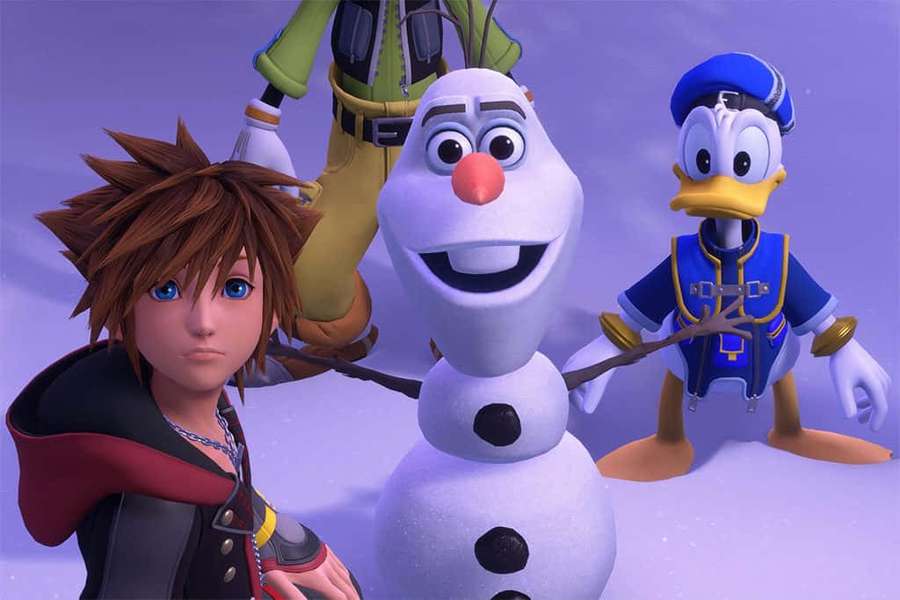 Snowman duck and boy in snowy winter scene — Kingdom Hearts Characters Wallpaper