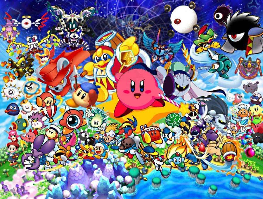 Kirby e centinaia di personaggi Nintendo in una scena cosmica colorata. — Kirby Sfondi