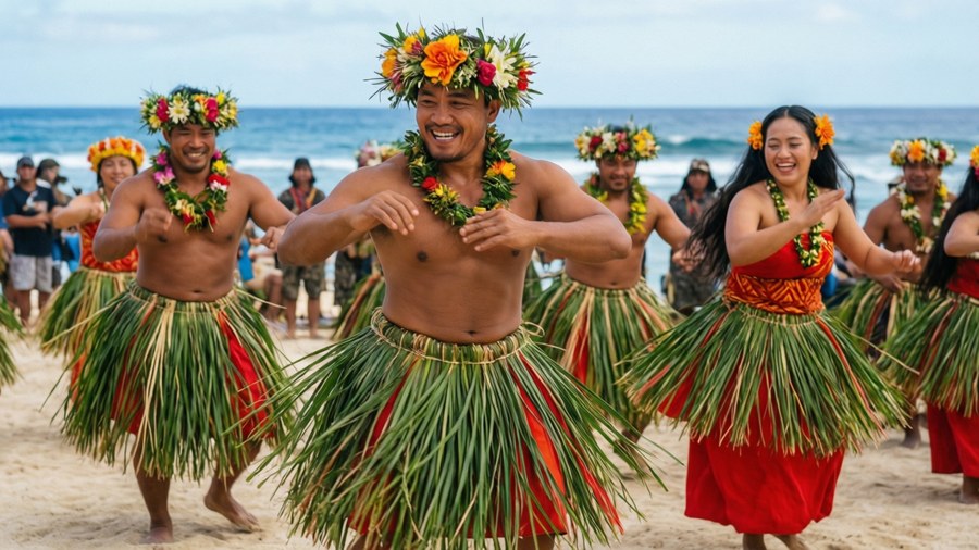 Vibrant traditional dance performance on a Kiribati beach with colorful costumes. — Kiribati Background