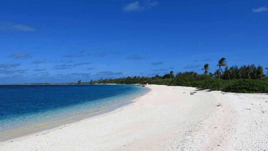 Weißer Sandstrand mit türkisfarbenem Wasser und Palmen unter blauem Himmel. — Kiribati Bilder