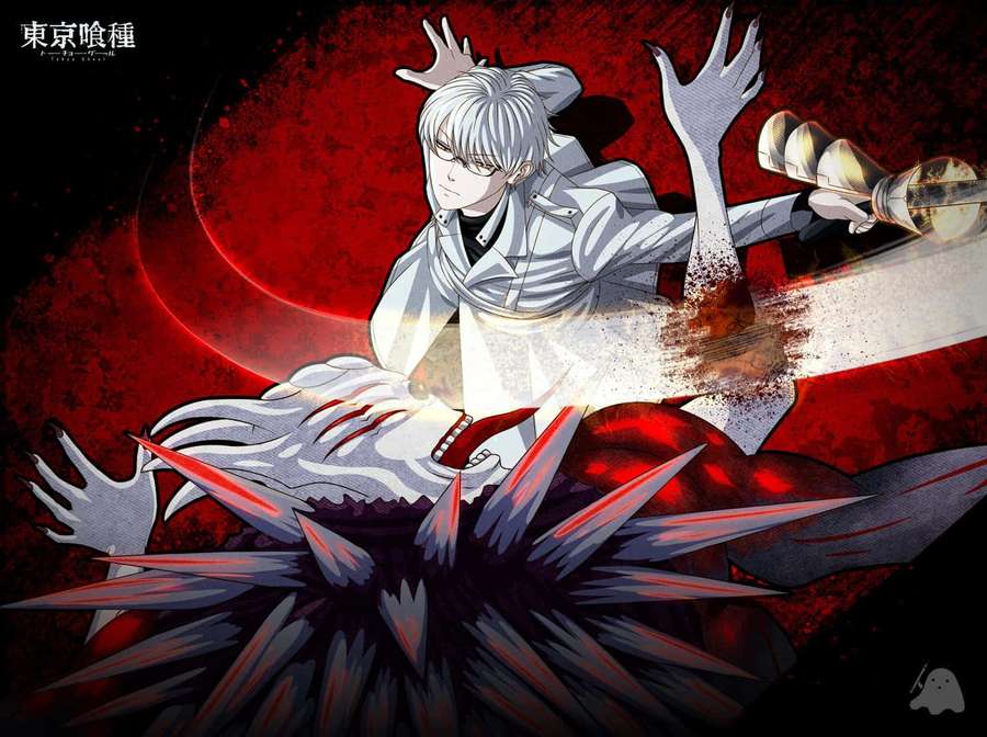 Anime character with white hair and sword fighting dark spiky energy against red moon. — Kishou Arima Wallpaper