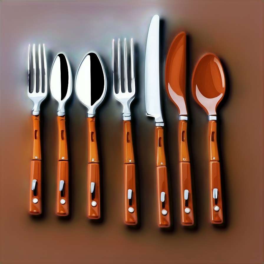 Set of six modern cutlery with orange handles and silver heads arranged in a row. — Kitchen PNG