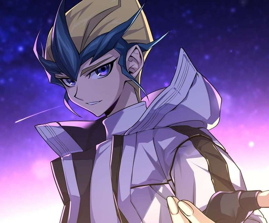 Anime character with blue hair and purple eyes in a futuristic jacket against a starry sky. — Kite Tenjo Wallpaper