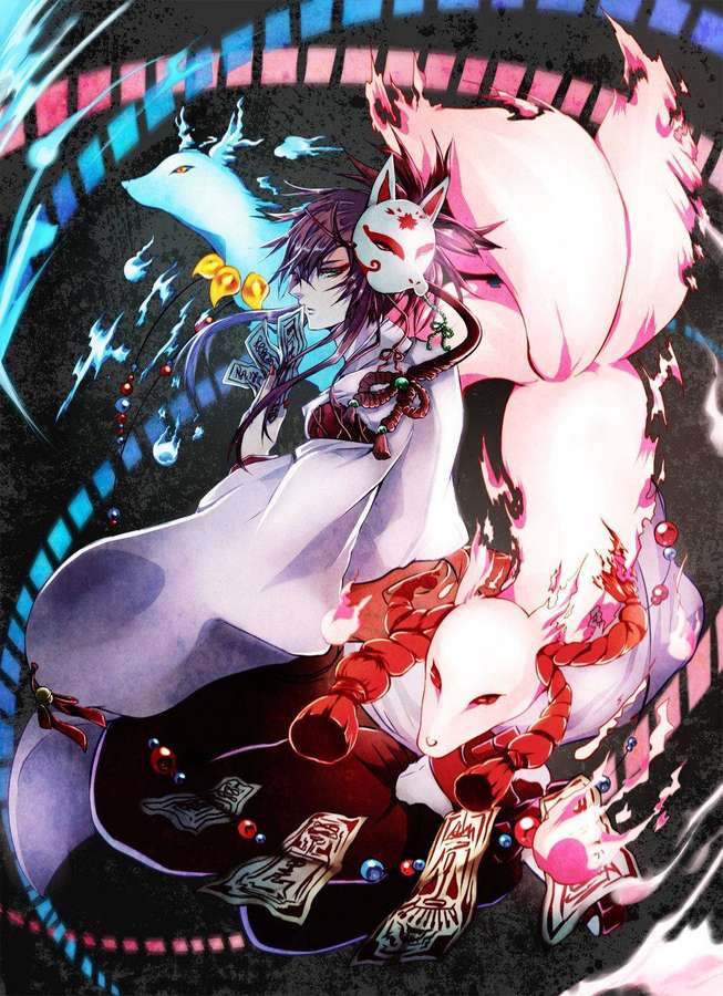 Anime-Fuchsgeist mit neun Schwänzen und Maske, umgeben von leuchtenden Kugeln und einem blauen Hirsch. — Kitsune Wallpaper