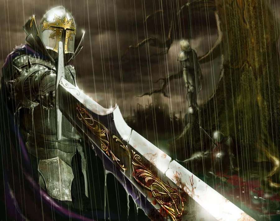 A knight in armor holds a large ornate sword in heavy rain under a dark sky. — Knight Background