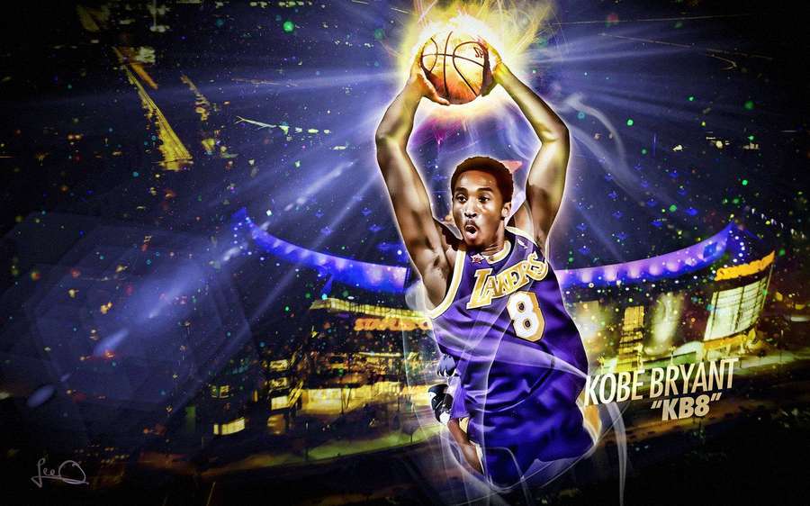 Kobe Bryant im Lakers-Trikot beim Dunk mit leuchtendem Ball in der Arena bei Nacht. — Kobe Bryant Wallpaper