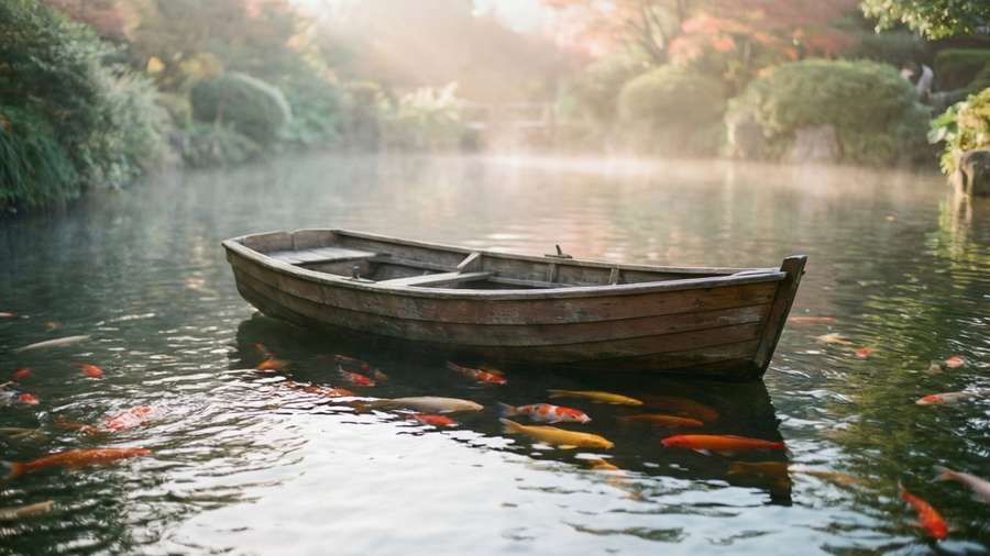 A nostalgic koi pond with a wooden boat and misty morning atmosphere. — Koi Pond Wallpaper
