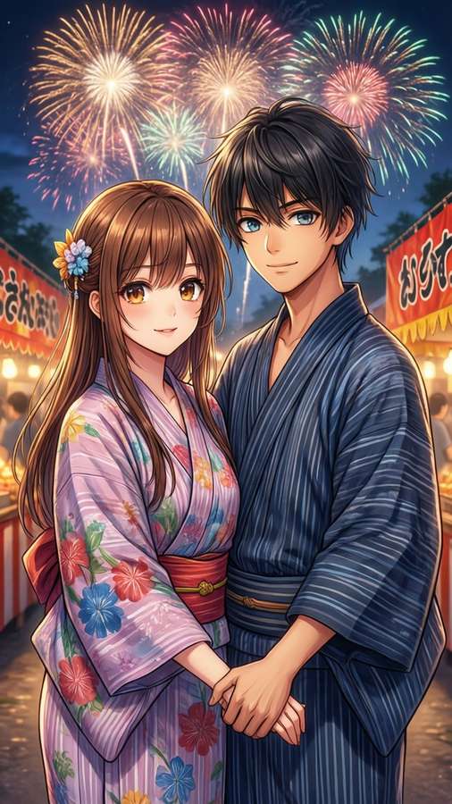Couple in yukata holding hands under fireworks at a Japanese festival. — Koikimo Picture