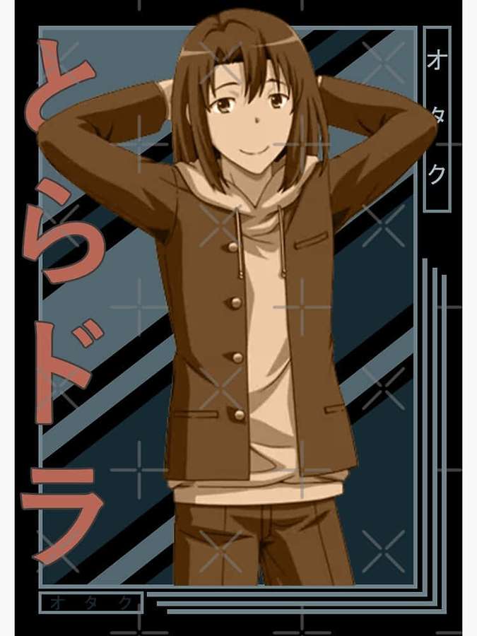 Anime girl in brown jacket smiling with hands behind head against geometric background. — Koji Haruta Wallpaper