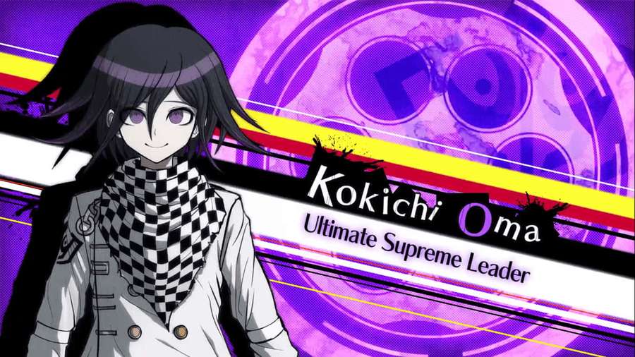 Personaje de anime Kokichi Oma etiquetado Líder Supremo Definitivo contra un fondo gráfico púrpura y amarillo. — Kokichi Ouma Fondos de pantalla
