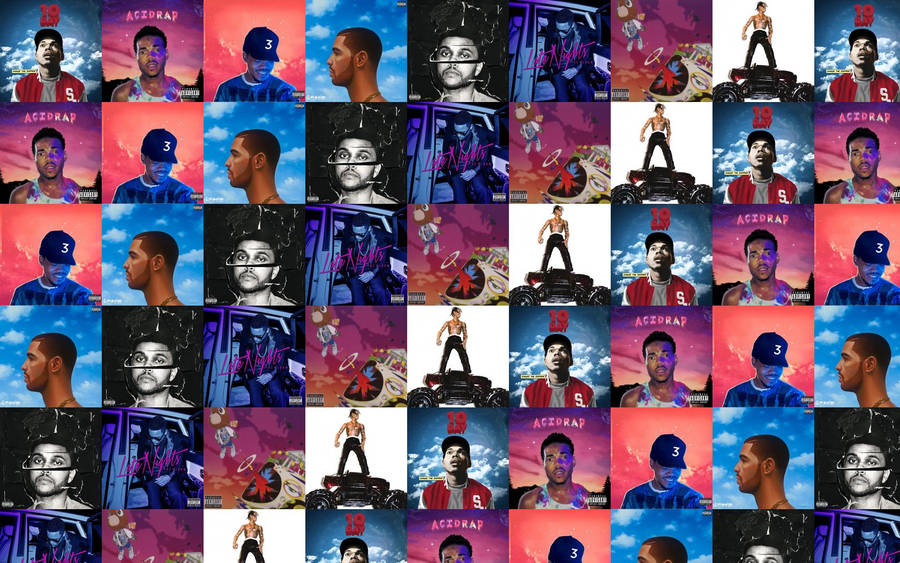 Kolase artis hip hop dengan langit yang hidup dan elemen grafiti. — Komputer Rap Wallpaper