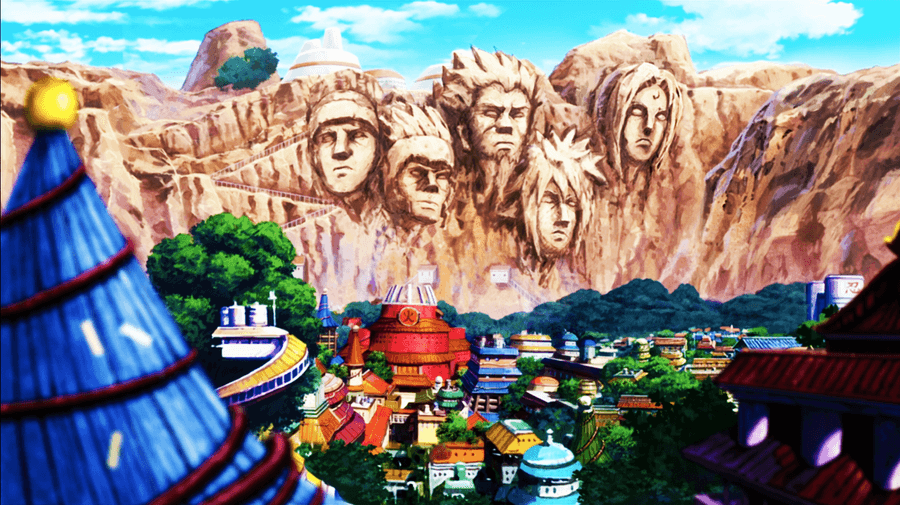 Anime-landsby med kæmpe udskårne ansigter på bjerget bagved — Konoha Wallpapers