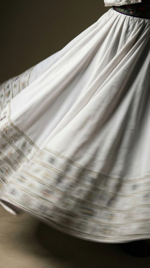 Close-up of a white embroidered skirt swirling in motion during a dance. — Konya Background
