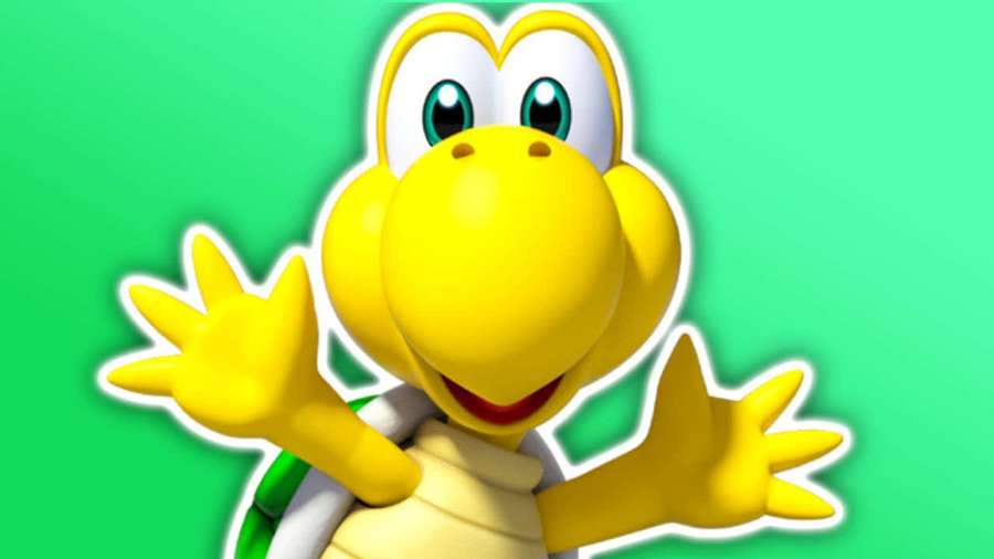 Keltainen Koopa Troopa -hahmo heiluttaen iloisesti vihreää taustaa vasten. — Koopa Troopa Taustakuvat