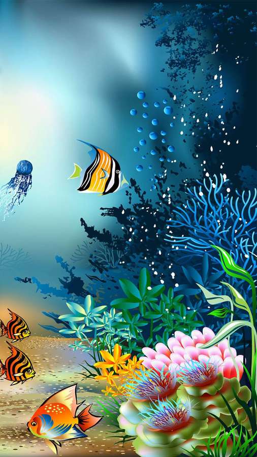 Bunte tropische Fische und Korallen in einer sonnigen Unterwasserszene mit Quallen. — Korallenrot Wallpaper