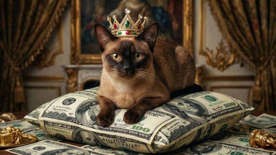 A crowned Korat cat sits on money pillows with gold accents, opulent and humorous still life. — Korat Picture