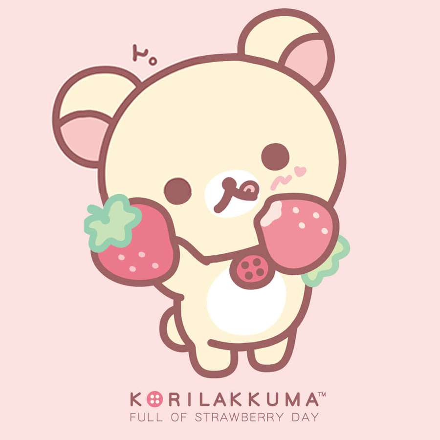 A cartoon bear holding strawberries on a pink background. — Korilakkuma Wallpaper