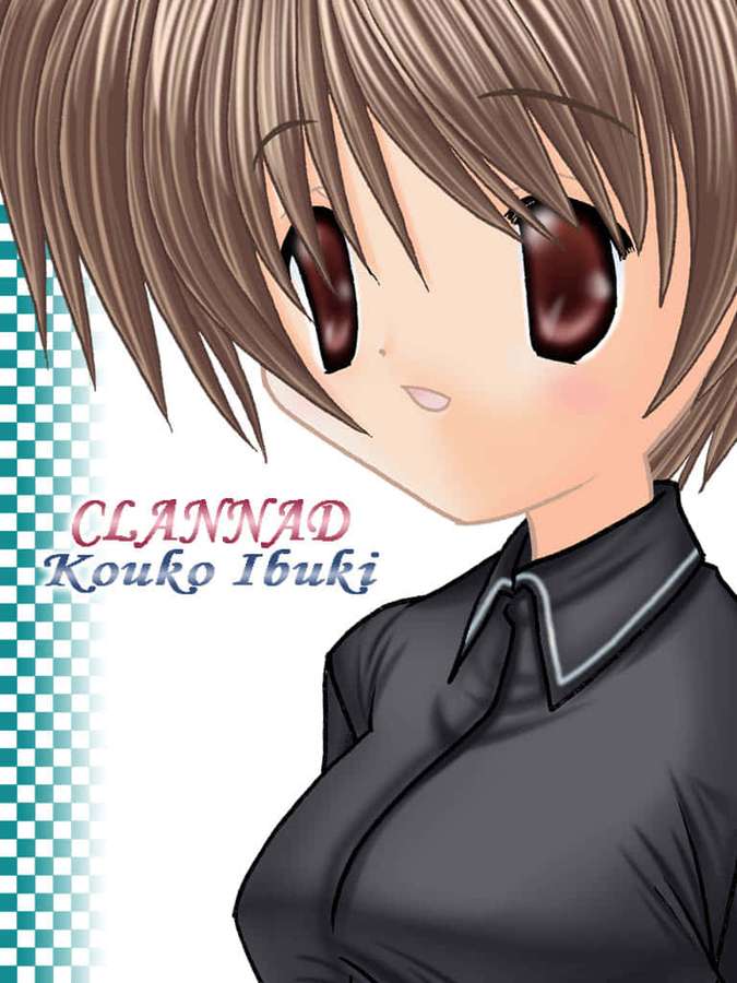 Anime-hahmo Kouko Ibuki Clannadista, ruskeat hiukset ja punaiset silmät mustassa paidassa. — Kouko Ibuki Taustakuvat