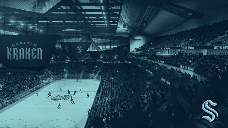 Seattle Kraken hockey game with players on ice and cheering fans in stands. — Kraken Background