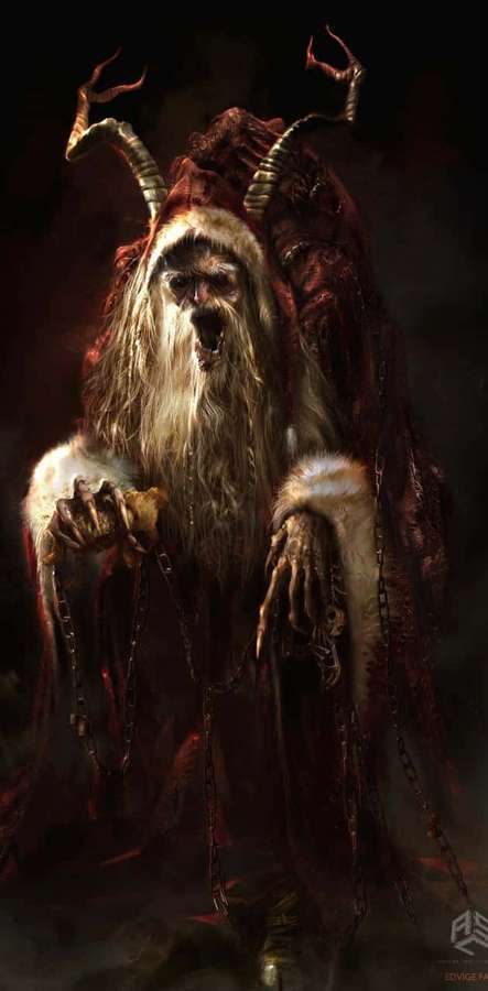 A demonic figure with horns and chains in a dark setting. — Krampus Wallpaper