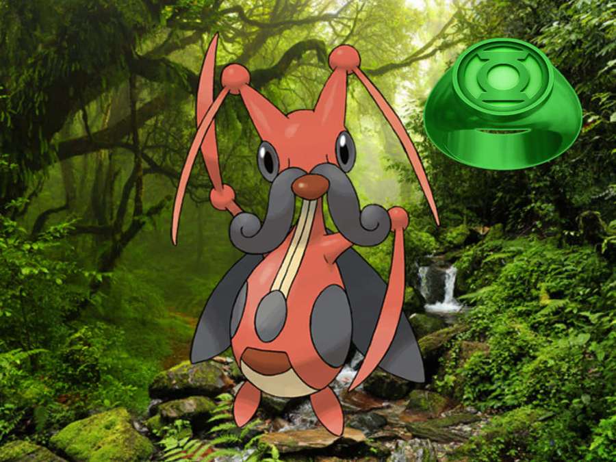 Red and gray Pokémon with long antennae in a green forest with a glowing green ring. — Kricketune Wallpaper