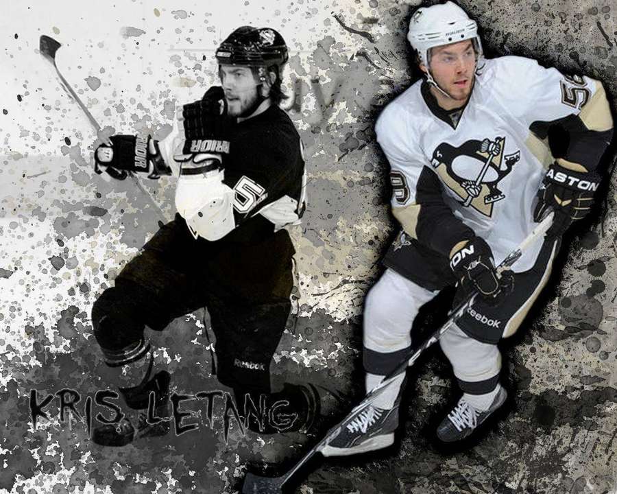 Two hockey players in full gear posing dynamically against a splattered background. — Kris Letang Wallpaper