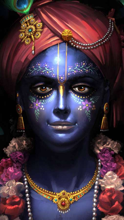 Blauhäutige Gottheit mit Goldschmuck und rotem Turban mit Blumengirlanden. — Krishna iPhone Wallpaper
