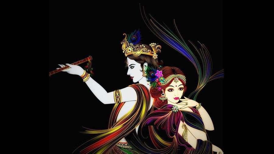 Illustrated couple in traditional attire with peacock feathers and flute against black background — Krishna Picture