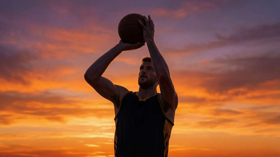 Silhouette of Porzingis shooting at sunset, minimalist art. — Kristaps porzingis Background