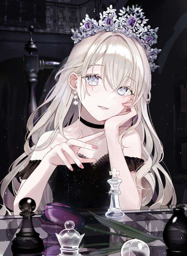 Blondes Anime-Mädchen mit einer juwelenbesetzten Krone, das in einem dunklen Raum Schach spielt. — Krone Wallpaper