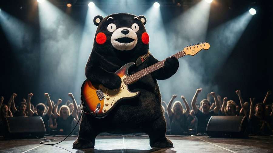 Kumamon rocks out on stage with an electric guitar. — Kumamon Picture