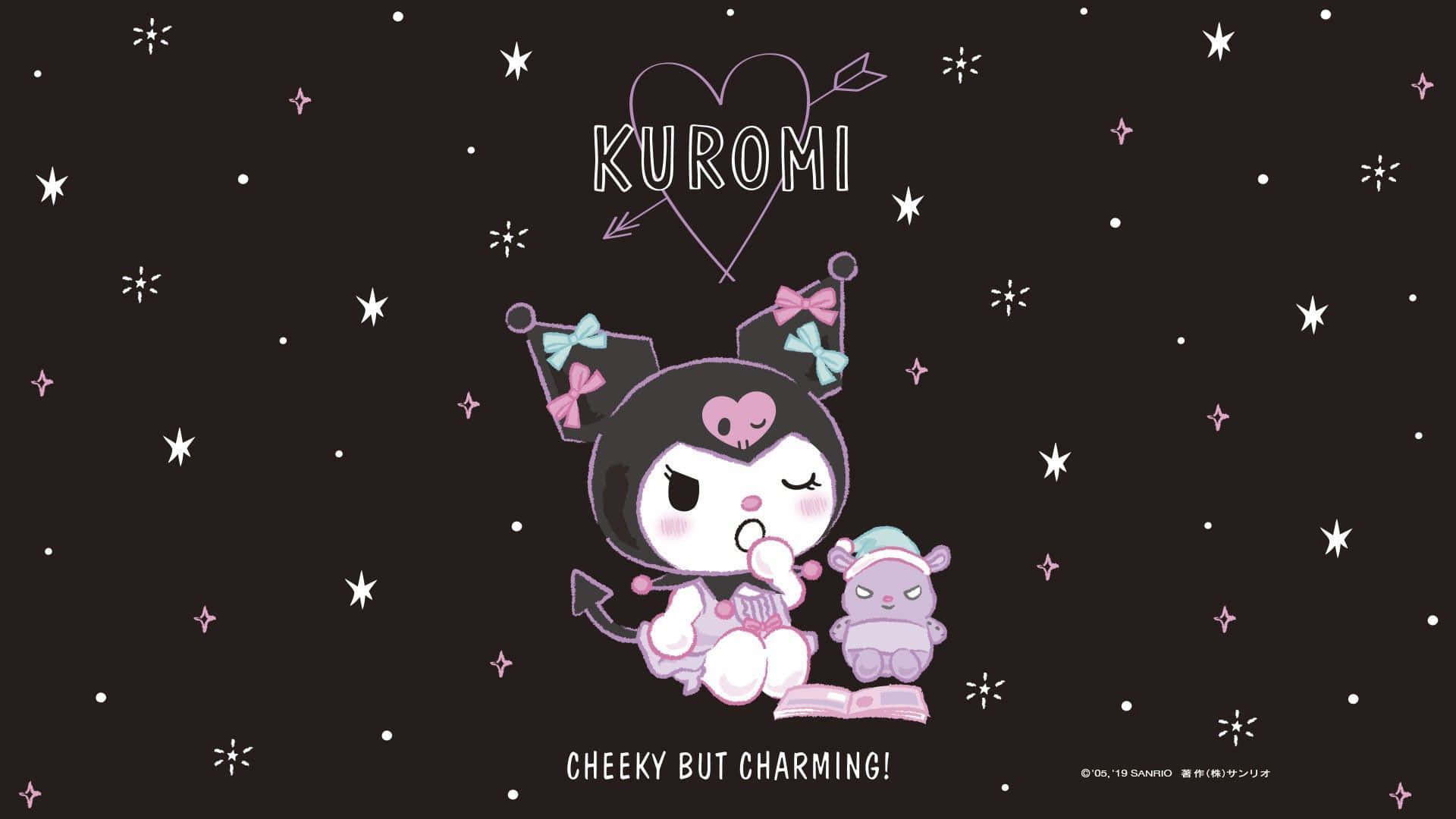 Kuromi, die schwarze Katze mit Schleifen, hält einen Cupcake unter einem sternenklaren Nachthimmel. — Kuromi Wallpaper