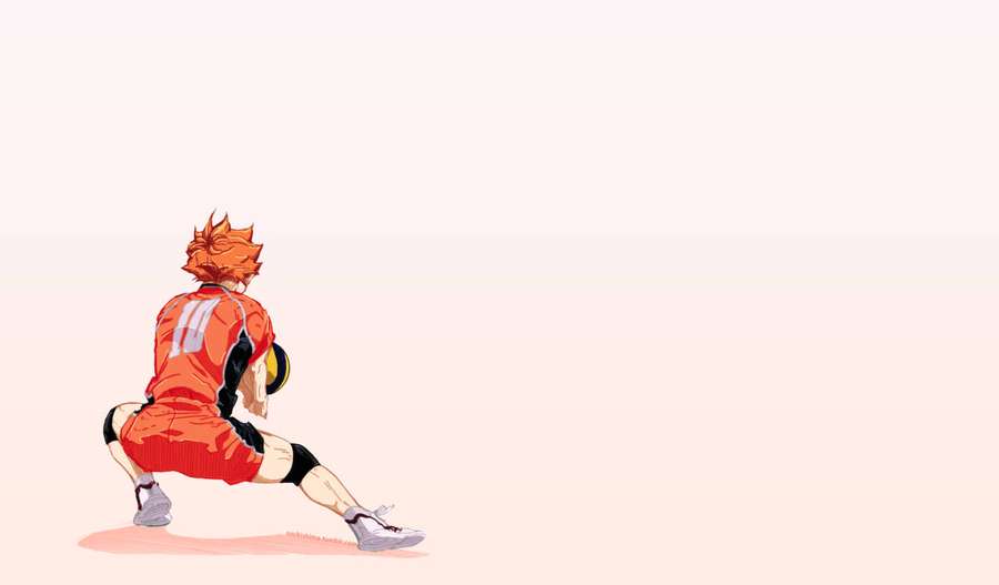 Anime-Volleyballspieler in rotem Trikot hockt mit Ball vor pfirsichfarbenem Hintergrund — Kuroo Bilder