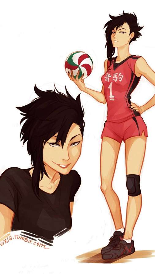 Zwei Anime-Charaktere, einer in roter Volleyballuniform mit Ball, der andere in schwarzem Hemd lächelnd. — Kuroo Wallpaper
