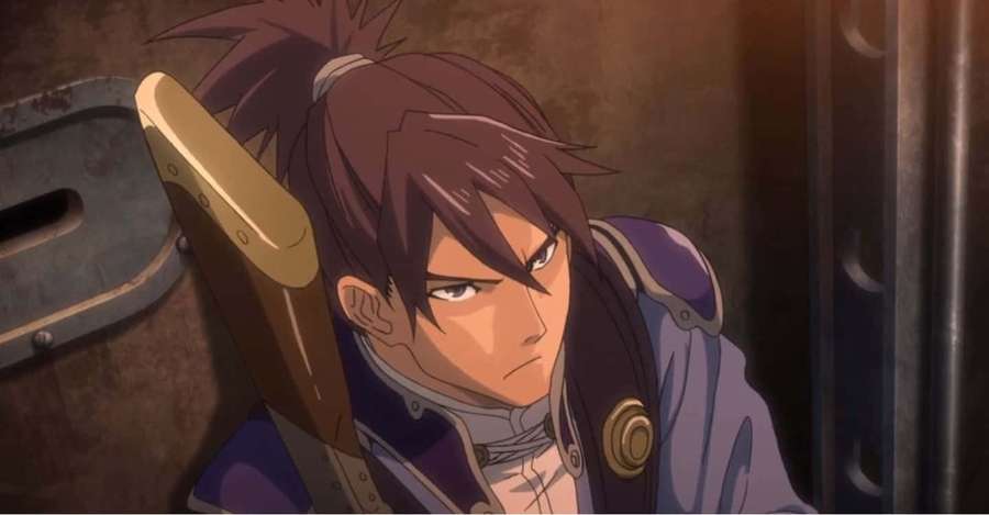 Anime-kriger med sværd læner sig op ad metaldør i svagt rum. — Kurusu Konochi Wallpapers