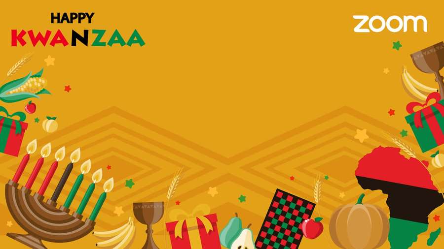 Kwanzaa celebration graphic with kinara, gifts, fruits, and African continent silhouette. — Kwanzaa Background